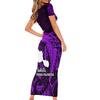 French Polynesia Tahiti Short Sleeve Bodycon Dress Polynesian Shark Tattoo With Hibiscus Purple Version LT14 - Polynesian Pride