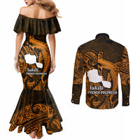 French Polynesia Tahiti Couples Matching Mermaid Dress and Long Sleeve Button Shirts Polynesian Shark Tattoo With Hibiscus Red Version LT14 - Polynesian Pride