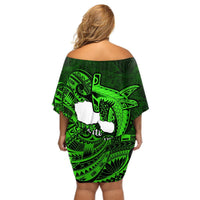 French Polynesia Tahiti Off Shoulder Short Dress Polynesian Shark Tattoo With Hibiscus Green Version LT14 - Polynesian Pride