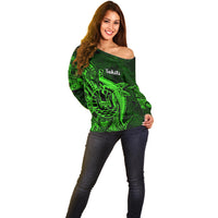 French Polynesia Tahiti Off Shoulder Sweater Polynesian Shark Tattoo With Hibiscus Green Version LT14 - Polynesian Pride