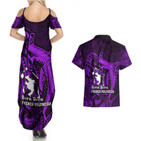 French Polynesia Bora Bora Couples Matching Summer Maxi Dress and Hawaiian Shirt Polynesian Shark Tattoo With Hibiscus Purple Version LT14 - Polynesian Pride