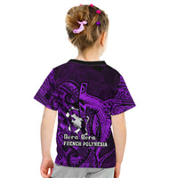 French Polynesia Bora Bora Kid T Shirt Polynesian Shark Tattoo With Hibiscus Purple Version LT14 - Polynesian Pride