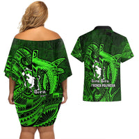 French Polynesia Bora Bora Couples Matching Off Shoulder Short Dress and Hawaiian Shirt Polynesian Shark Tattoo With Hibiscus Green Version LT14 - Polynesian Pride