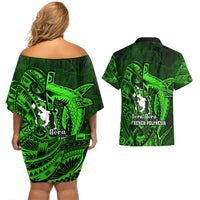 French Polynesia Bora Bora Couples Matching Off Shoulder Short Dress and Hawaiian Shirt Polynesian Shark Tattoo With Hibiscus Green Version LT14 - Polynesian Pride