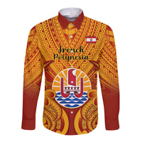 Personalised French Polynesia Long Sleeve Button Shirt Coat Of Arms With Polynesian Plumeria LT14 Unisex Red - Polynesian Pride