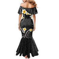 Black And Gray Family Matching Mermaid Dress and Hawaiian Shirt Curves Polynesian Tattoo Mix Plumeria Flowers