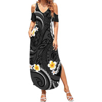Black And Gray Summer Maxi Dress Curves Polynesian Tattoo Mix Plumeria Flowers LT14 Women Gray - Polynesian Pride