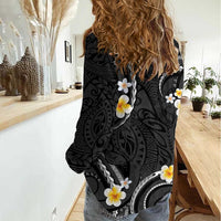 Black And Gray Women Casual Shirt Curves Polynesian Tattoo Mix Plumeria Flowers