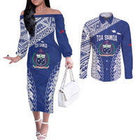 Toa Samoa Rugby Custom Couples Matching Off The Shoulder Long Sleeve Dress and Long Sleeve Button Shirt Go Champions Pacific Samoan Pattern - Polynesian Pride