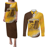 Personalized Mililani Hawaii High School Couples Matching Puletasi and Long Sleeve Button Shirt Puakenikeni Lei Hawaiian Pattern LT14 Yellow - Polynesian Pride