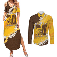 Personalized Mililani Hawaii High School Couples Matching Summer Maxi Dress and Long Sleeve Button Shirt Puakenikeni Lei Hawaiian Pattern LT14 Yellow - Polynesian Pride