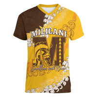 Personalized Mililani Hawaii High School Women V-Neck T-Shirt Puakenikeni Lei Hawaiian Pattern LT14 Female Yellow - Polynesian Pride