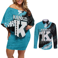Personalized Kapolei Hawaii High School Couples Matching Off Shoulder Short Dress and Long Sleeve Button Shirt Puakenikeni Lei Hawaiian Pattern - Polynesian Pride
