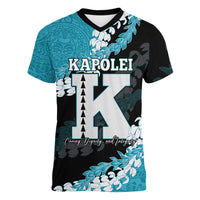 Personalized Kapolei Hawaii High School Women V-Neck T-Shirt Puakenikeni Lei Hawaiian Pattern LT14 Female Teal - Polynesian Pride