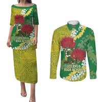 Personalized Leilehua Hawaii High School Couples Matching Puletasi and Long Sleeve Button Shirt Puakenikeni Lei Hawaiian Pattern LT14 Green - Polynesian Pride