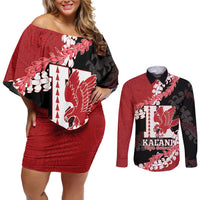 Personalized Kalani Hawaii High School Couples Matching Off Shoulder Short Dress and Long Sleeve Button Shirt Puakenikeni Lei Hawaiian Pattern LT14 Red - Polynesian Pride