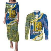 Personalized Kaiser Hawaii High School Couples Matching Puletasi and Long Sleeve Button Shirt Puakenikeni Lei Hawaiian Pattern LT14 Blue - Polynesian Pride