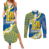 Personalized Kaiser Hawaii High School Couples Matching Summer Maxi Dress and Long Sleeve Button Shirt Puakenikeni Lei Hawaiian Pattern LT14 Blue - Polynesian Pride