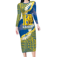 Personalized Kaiser Hawaii High School Long Sleeve Bodycon Dress Puakenikeni Lei Hawaiian Pattern LT14 Long Dress Blue - Polynesian Pride