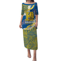 Personalized Kaiser Hawaii High School Puletasi Puakenikeni Lei Hawaiian Pattern LT14 Long Dress Blue - Polynesian Pride