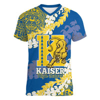Personalized Kaiser Hawaii High School Women V-Neck T-Shirt Puakenikeni Lei Hawaiian Pattern LT14 Female Blue - Polynesian Pride