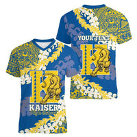Personalized Kaiser Hawaii High School Women V-Neck T-Shirt Puakenikeni Lei Hawaiian Pattern LT14 - Polynesian Pride