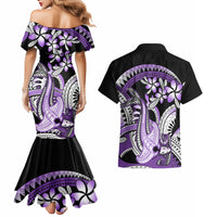Purple Polynesian Couples Matching Mermaid Dress and Hawaiian Shirt Hammerhead Shark Tattoo Royal Plumeria Gradient Vibes LT14 - Polynesian Pride