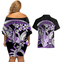 Purple Polynesian Couples Matching Off Shoulder Short Dress and Hawaiian Shirt Hammerhead Shark Tattoo Royal Plumeria Gradient Vibes LT14 - Polynesian Pride