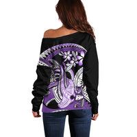 Purple Polynesian Off Shoulder Sweater Hammerhead Shark Tattoo Royal Plumeria Gradient Vibes LT14 - Polynesian Pride