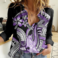 Purple Polynesian Women Casual Shirt Hammerhead Shark Tattoo Royal Plumeria Gradient Vibes LT14 Female Purple - Polynesian Pride