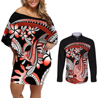Red Polynesian Couples Matching Off Shoulder Short Dress and Long Sleeve Button Shirt Hammerhead Shark Tattoo Royal Plumeria Gradient Vibes LT14 Red - Polynesian Pride
