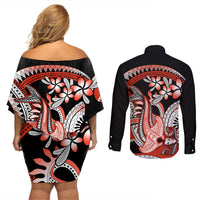 Red Polynesian Couples Matching Off Shoulder Short Dress and Long Sleeve Button Shirt Hammerhead Shark Tattoo Royal Plumeria Gradient Vibes LT14 - Polynesian Pride