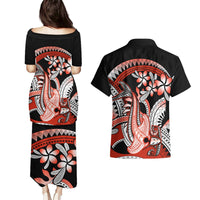 Red Polynesian Couples Matching Puletasi and Hawaiian Shirt Hammerhead Shark Tattoo Royal Plumeria Gradient Vibes LT14 - Polynesian Pride