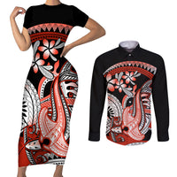 Red Polynesian Couples Matching Short Sleeve Bodycon Dress and Long Sleeve Button Shirt Hammerhead Shark Tattoo Royal Plumeria Gradient Vibes LT14 Red - Polynesian Pride