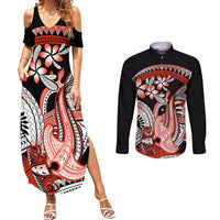 Red Polynesian Couples Matching Summer Maxi Dress and Long Sleeve Button Shirt Hammerhead Shark Tattoo Royal Plumeria Gradient Vibes LT14 Red - Polynesian Pride
