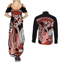 Red Polynesian Couples Matching Summer Maxi Dress and Long Sleeve Button Shirt Hammerhead Shark Tattoo Royal Plumeria Gradient Vibes LT14 - Polynesian Pride