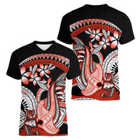 Red Polynesian Women V Neck T Shirt Hammerhead Shark Tattoo Royal Plumeria Gradient Vibes LT14 - Polynesian Pride