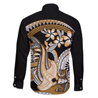 Gold Polynesian Hammerhead Shark Tattoo Family Matching Off Shoulder Long Sleeve Dress and Hawaiian Shirt Royal Plumeria Gradient Vibes LT14 - Polynesian Pride