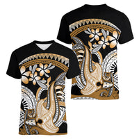 Gold Polynesian Hammerhead Shark Tattoo Women V Neck T Shirt Royal Plumeria Gradient Vibes LT14 - Polynesian Pride