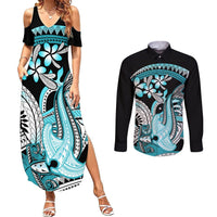 Turquoise Polynesian Hammerhead Shark Tattoo Couples Matching Summer Maxi Dress and Long Sleeve Button Shirt Royal Plumeria Gradient Vibes LT14 Turquoise - Polynesian Pride