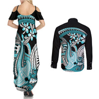 Turquoise Polynesian Hammerhead Shark Tattoo Couples Matching Summer Maxi Dress and Long Sleeve Button Shirt Royal Plumeria Gradient Vibes LT14 - Polynesian Pride