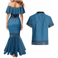 Blue African Dashiki With Fijian Tapa Pattern Couples Matching Mermaid Dress and Hawaiian Shirt LT14 - Polynesian Pride
