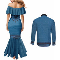 Blue African Dashiki With Fijian Tapa Pattern Couples Matching Mermaid Dress and Long Sleeve Button Shirt LT14 - Polynesian Pride