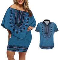 Blue African Dashiki With Fijian Tapa Pattern Couples Matching Off Shoulder Short Dress and Hawaiian Shirt LT14 Blue - Polynesian Pride