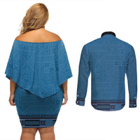 Blue African Dashiki With Fijian Tapa Pattern Couples Matching Off Shoulder Short Dress and Long Sleeve Button Shirt LT14 - Polynesian Pride