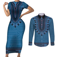 Blue African Dashiki With Fijian Tapa Pattern Couples Matching Short Sleeve Bodycon Dress and Long Sleeve Button Shirt
