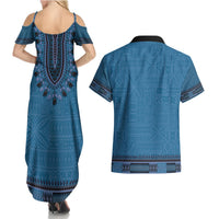 Blue African Dashiki With Fijian Tapa Pattern Couples Matching Summer Maxi Dress and Hawaiian Shirt LT14 - Polynesian Pride