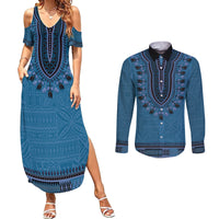 Blue African Dashiki With Fijian Tapa Pattern Couples Matching Summer Maxi Dress and Long Sleeve Button Shirt