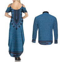 Blue African Dashiki With Fijian Tapa Pattern Couples Matching Summer Maxi Dress and Long Sleeve Button Shirt LT14 - Polynesian Pride