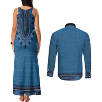Blue African Dashiki With Fijian Tapa Pattern Couples Matching Tank Maxi Dress and Long Sleeve Button Shirt